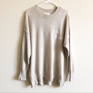 Distressed Embroidered “Hello Beautiful” Sweater